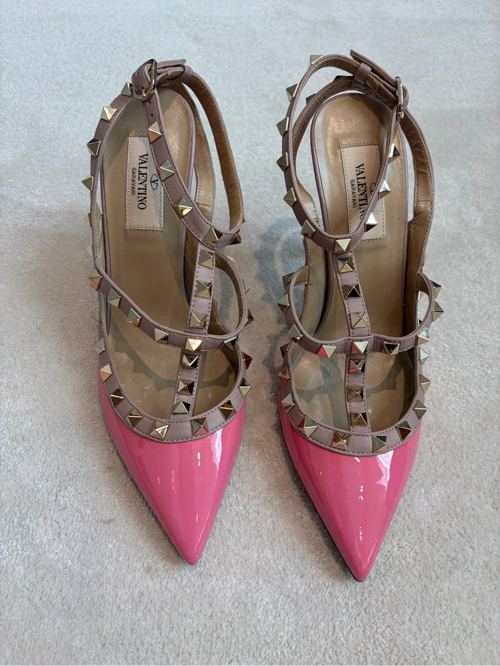 Valentino Pink Patent Leather Studded T-Strap Slingbacks